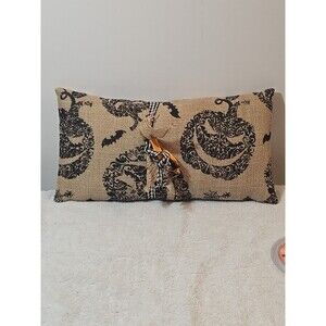 Halloween Burlap Pillow 17x9 Bats Pumpkins Spiders